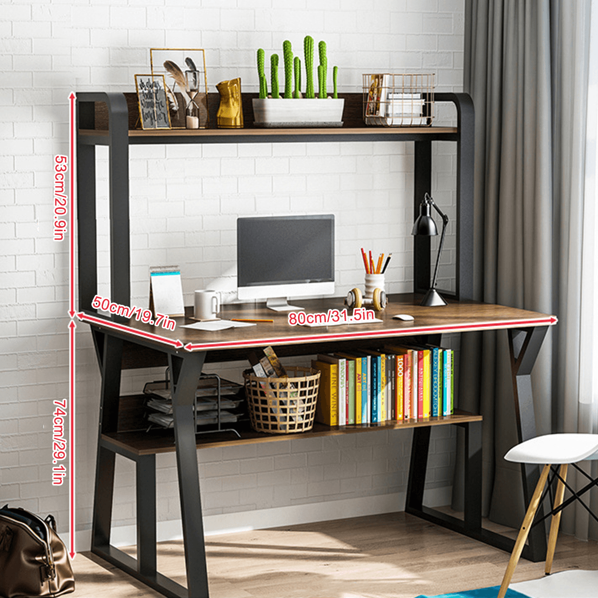 1/2 Tiers Computer Desk Bookshelf Modern Writing Study Desk with Storage Shelf Space Saving Desktop Organizer Workstation for Home Office