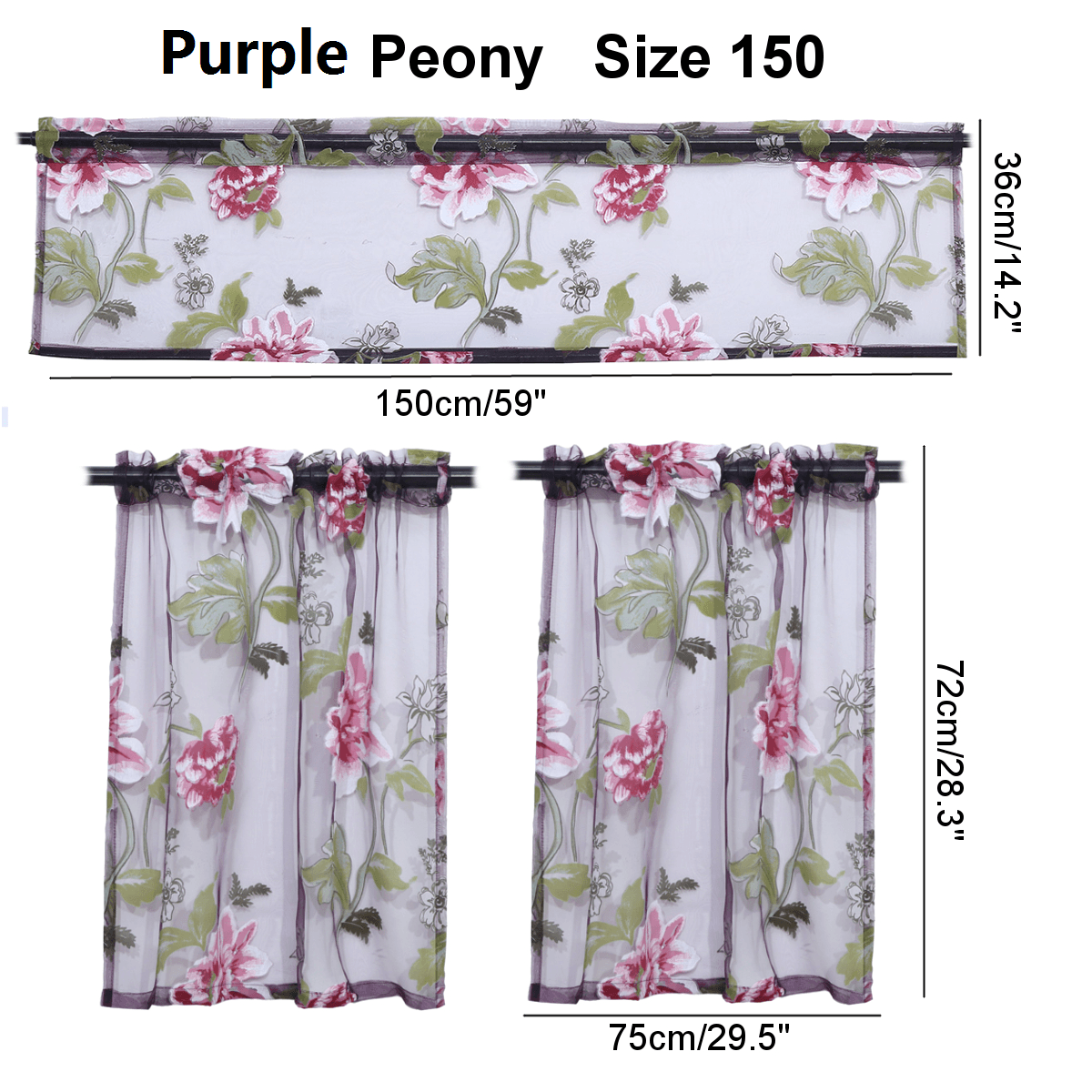 3 PCS Kitchen Curtain Washable Rod Pocket Curtain Tier Embroidered Floral Sheer Curtain