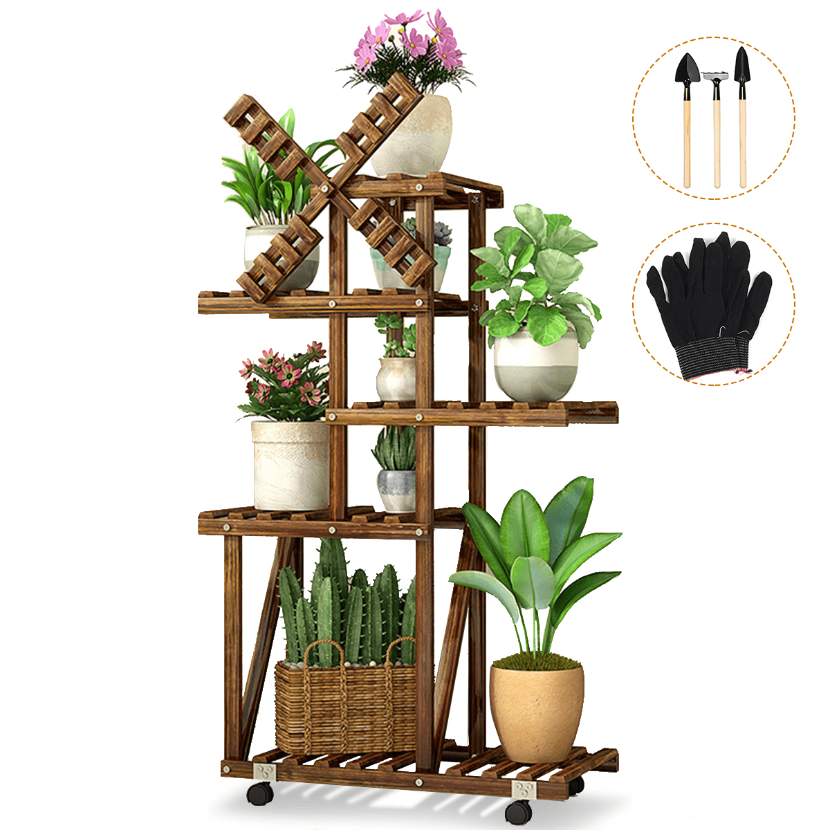 5 Schichten Pflanzenständer Windmühle Blumentopf Regale Indoor Outdoor Garten Pflanzgefäß Regal Lagerregal mit Rädern