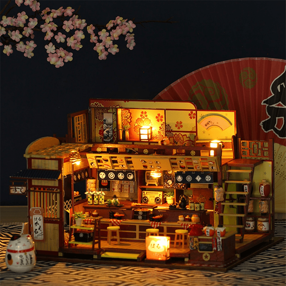 Iie Create Japanese-Style DIY Doll House Hut Sushi Shop Handmade Creative Shop Building Model Assembled Toys with Dust Cover and Furniture