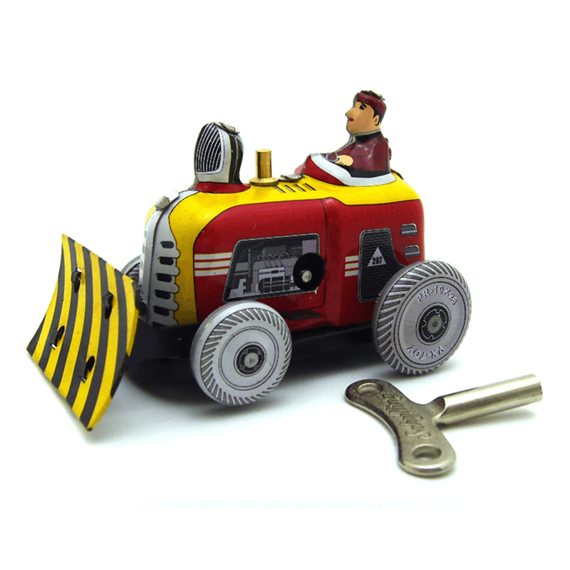 Klassischer Vintage-Bulldozer mit Uhrwerk, nostalgisches Aufziehspielzeug aus Blech für Kinder mit Schlüssel