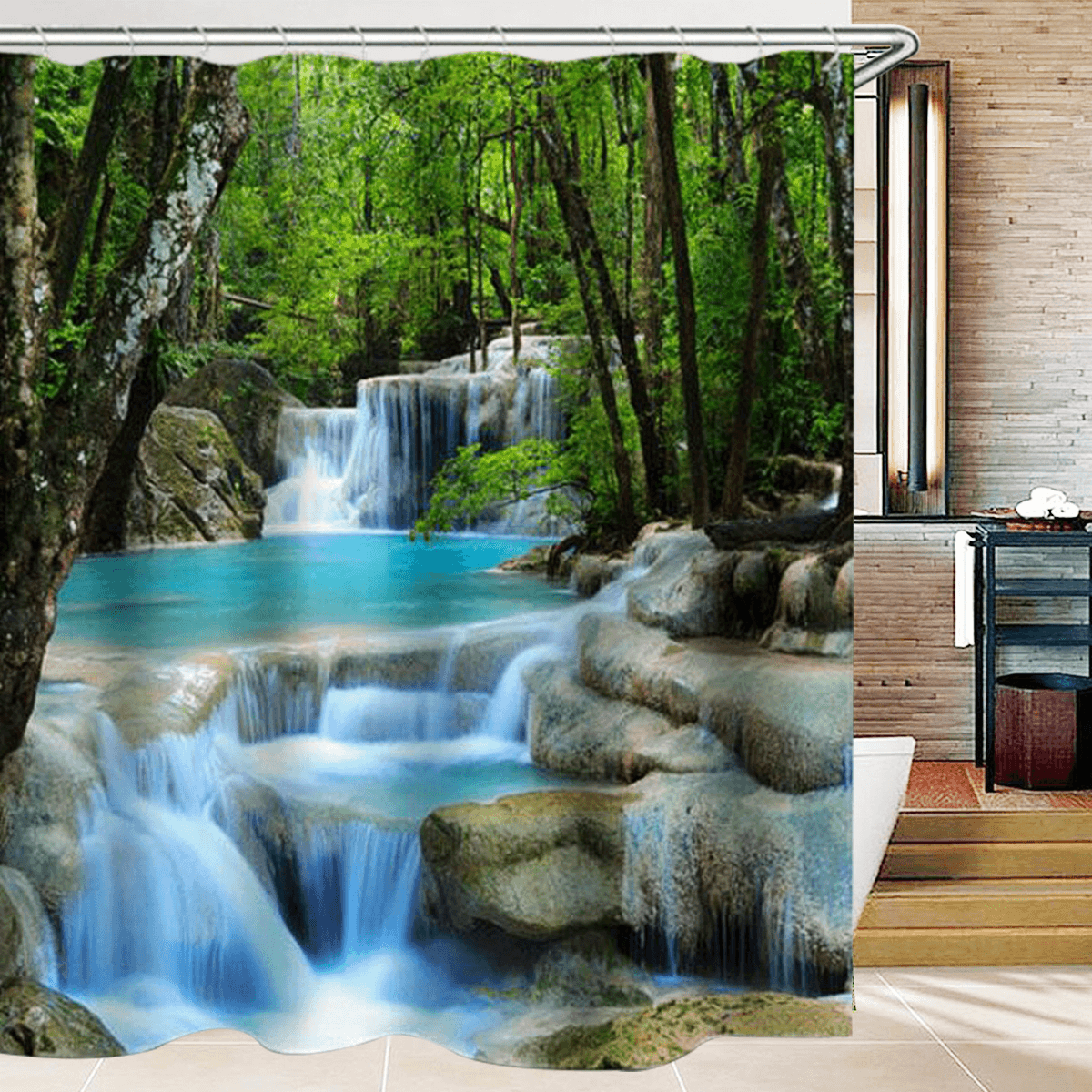 3D Waterfall Nature Scenery Bath Shower Curtain Water Resistant Bathroom Shield