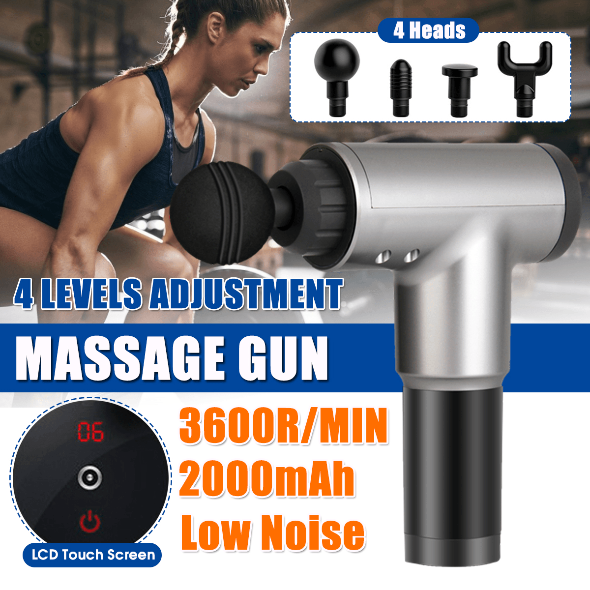 24W 7.4V 3600Rpm 2000Mah LCD Percussion Massager Muscle Relief 4 Speed Sport Fitness Electric Massager W/ 4 Heads