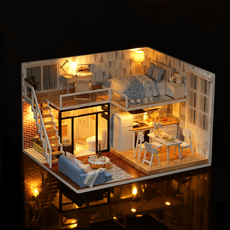 Cuteroom L-023 Blue Time DIY House con muebles Music Light Cover Miniatura Modelo Regalo Decoración