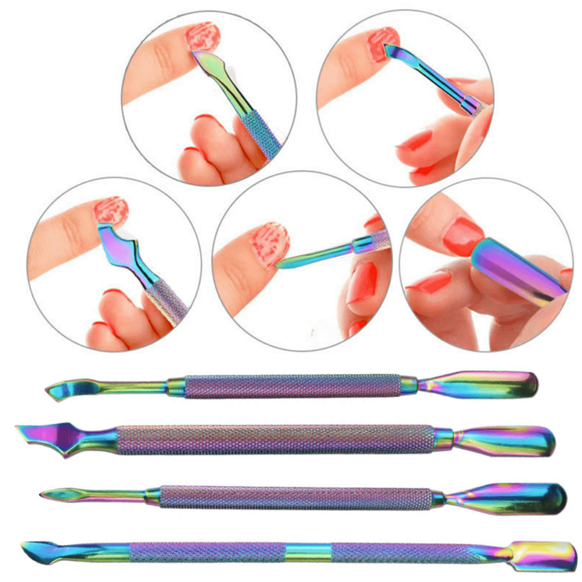 Nail Art Pusher Remover Cuticle Tool Kit Set Rainbow Dual-Ended Stainless Steel