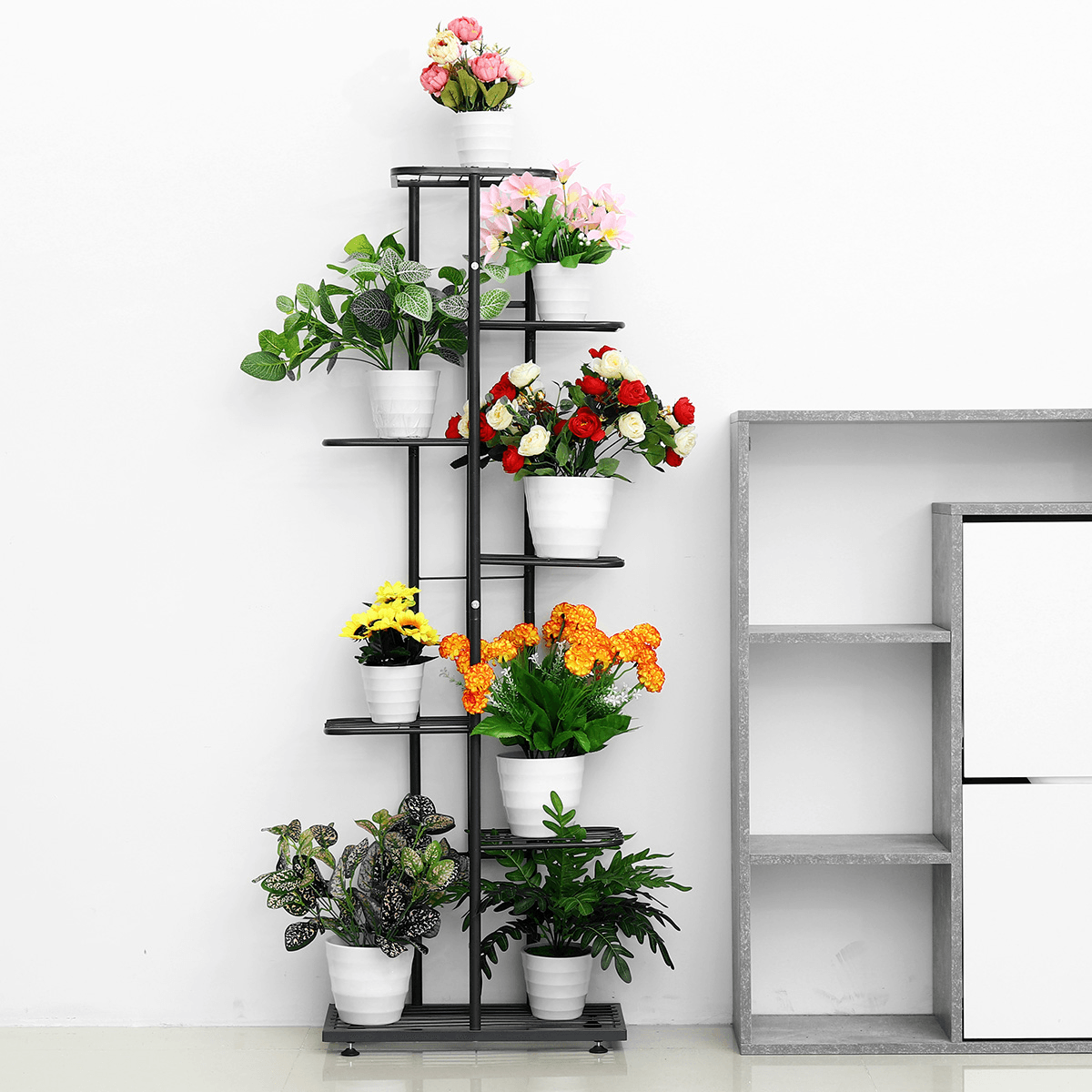 7-Tierblack/White Metal Plant Stand Outdoor Indoor Flower Pot Display Rack Ladder Shelf for Garden