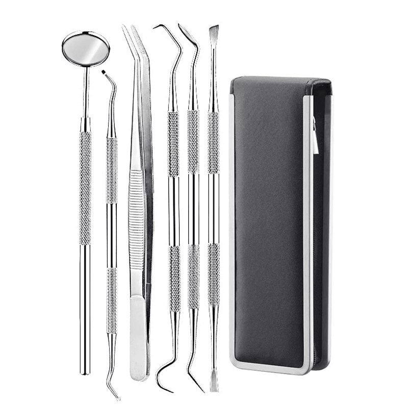 6Pc/Set Dental Mirror Stainless Steel Dental Dentist Prepared Tool Set Probe Tooth Care Kit Instrument Tweezer Hoe Sickle Scaler