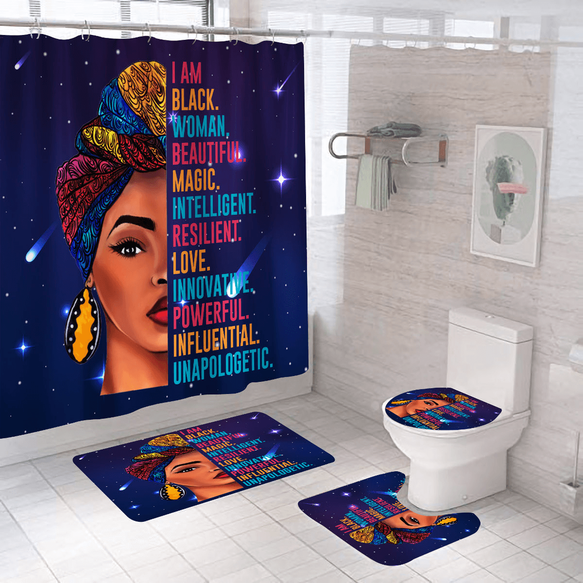 Juego de alfombrillas antideslizantes para baño, cortina de ducha impermeable para mujer africana