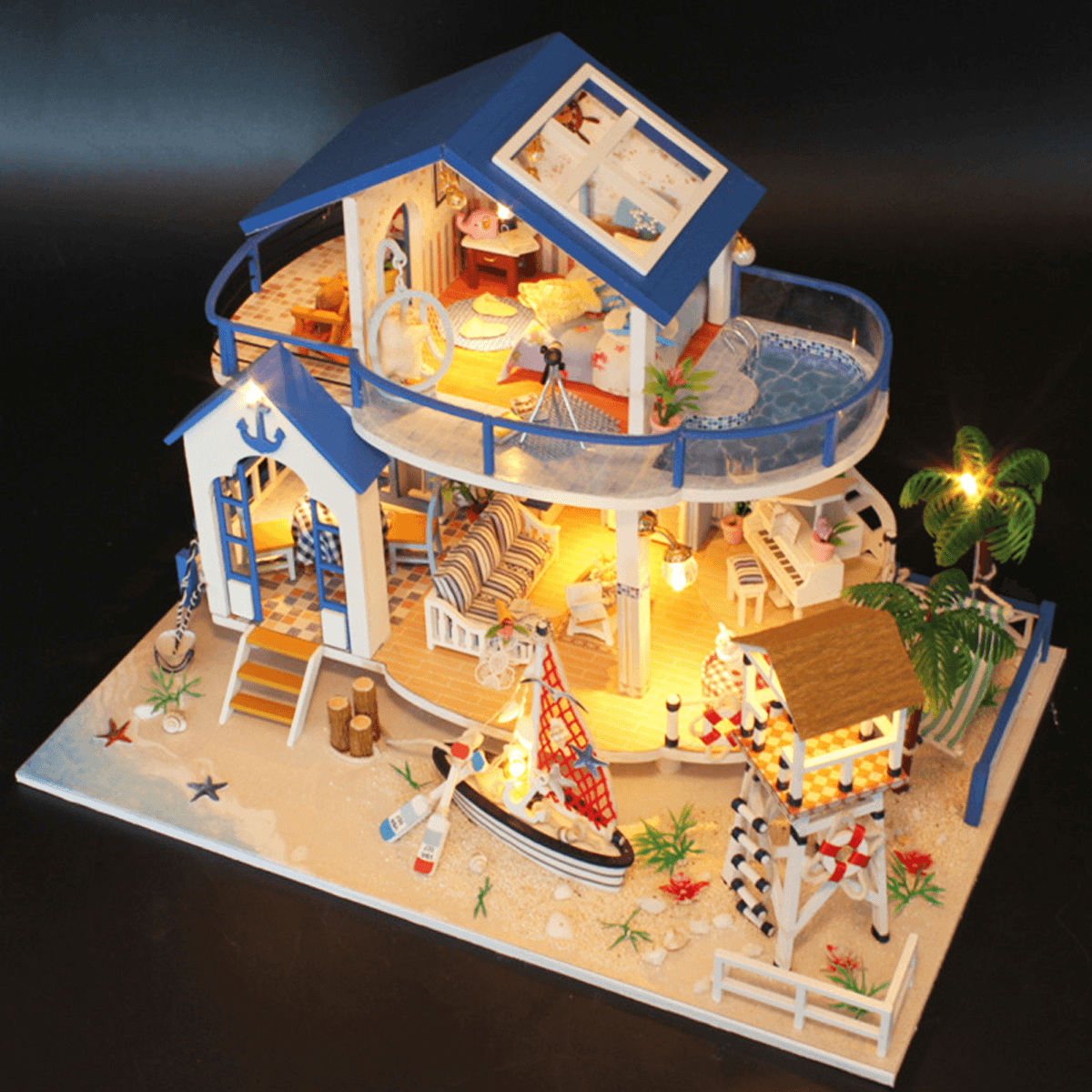 Hoomeda Legend of the Blue Sea DIY Handmade Assemble Doll House Miniature Model with Lights Music for Gift Collection Home Decoration