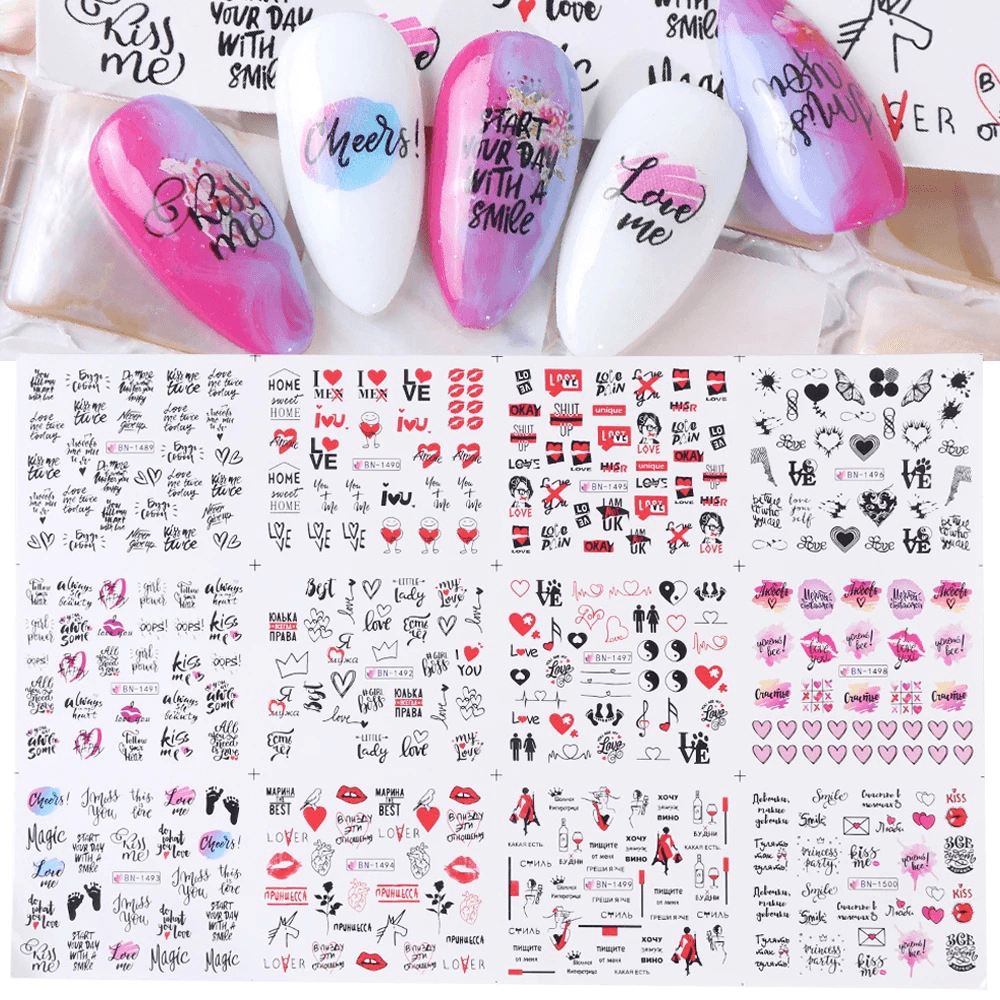 12 Pcs Nail Art Stickers Love Letter Flower Sliders Nail Art Decoration Valentine'S Day Transfer Stickers