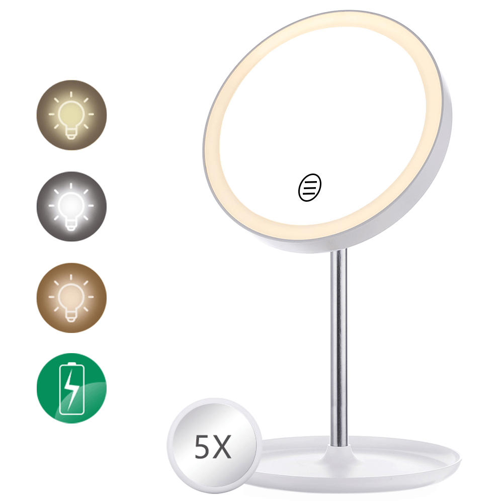 GLIME Espejos circulares blancos Lámpara Batería de 1200 Ma con lupa 5X Interruptor táctil Ajuste de temperatura de tres colores Distribución de atenuación sin polar Cable USB