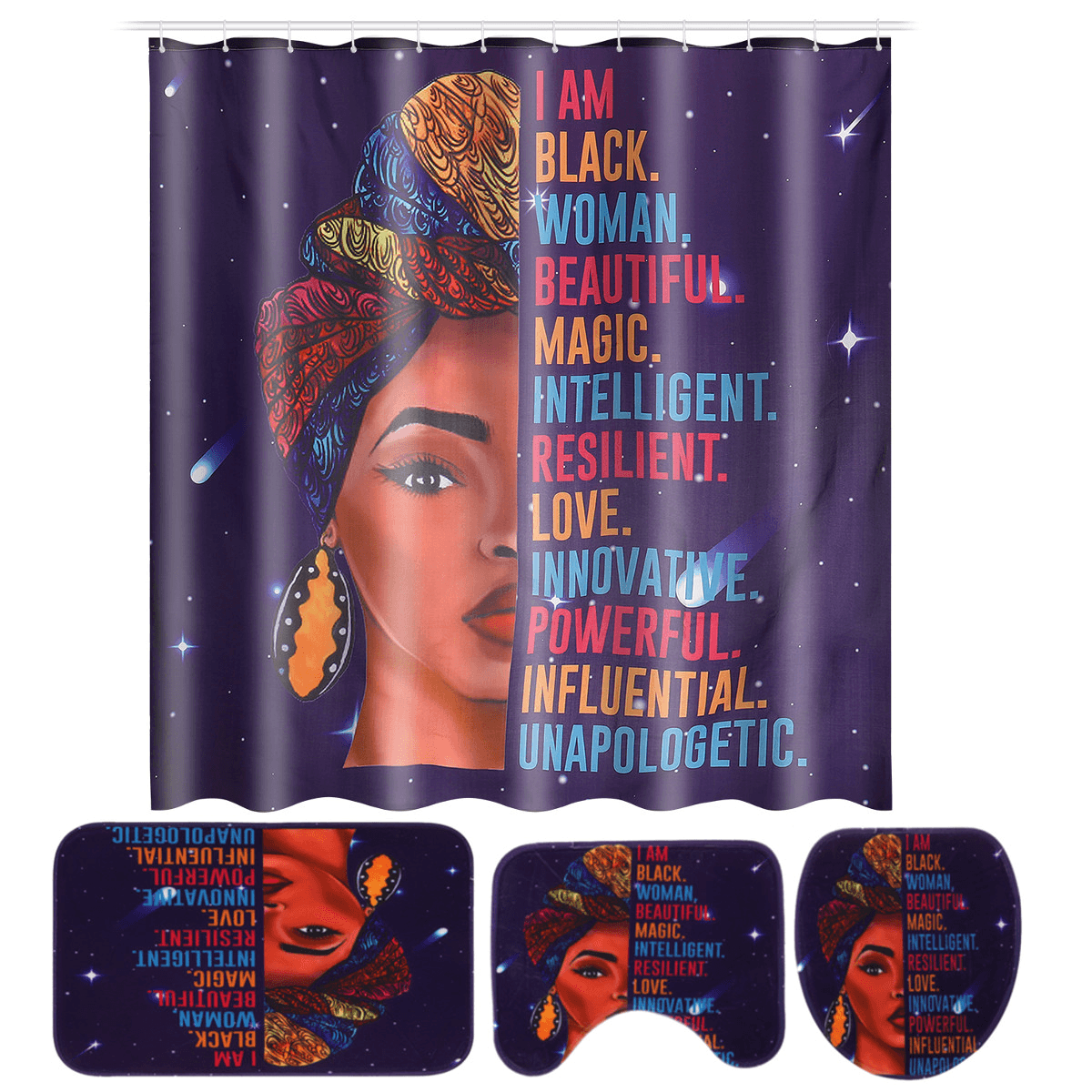 African Woman Waterproof Shower Curtain Non-Slip Bathroom Toilet Cover Mat Set