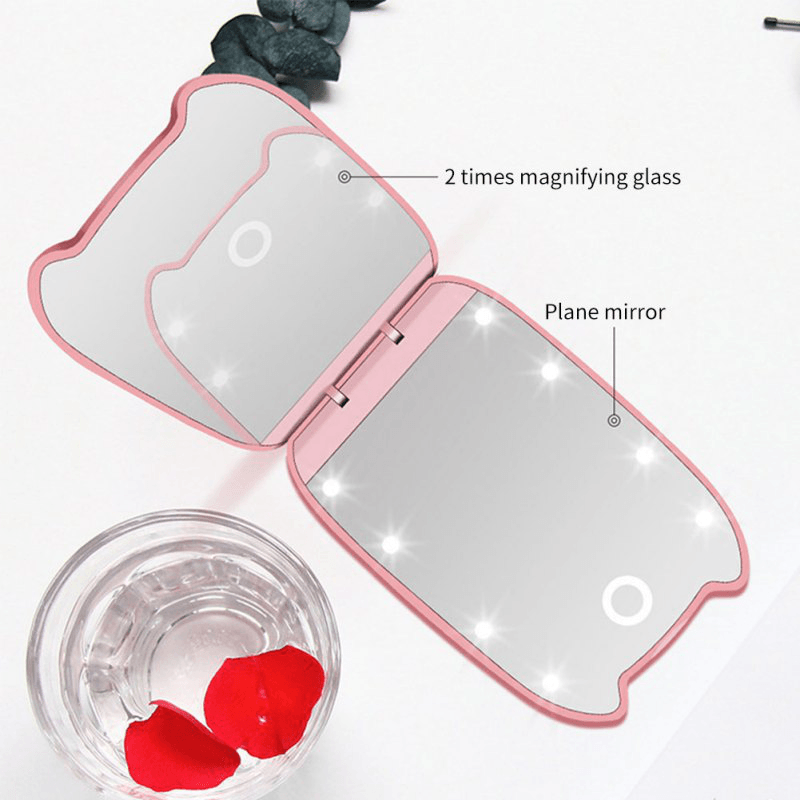 Women LED 180° Foldable Makeup Mirror Light Cosmetic Folding 2X Magnifying Mirror + Flat Mirror 8 LED Lights 2 Sided Lamps Hand Mirror Tools