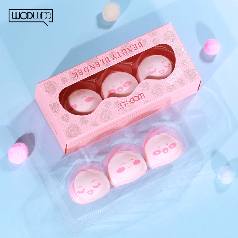 3PCS/SET Makeup Puff Sponge by WODWOD Pink Color Peach Shape with Smile Printing Wet Dry Use Maekup Water Drop Sponge