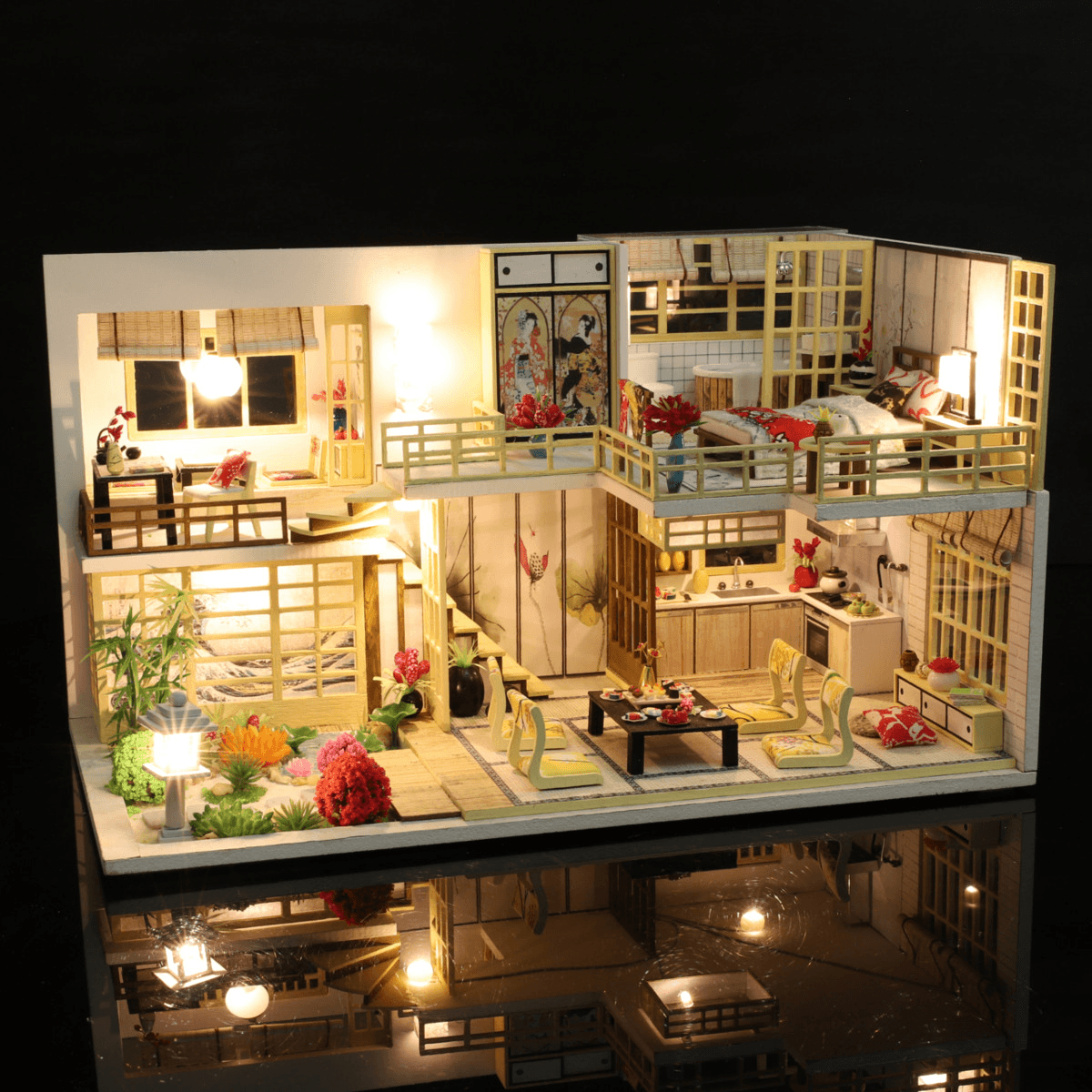 Wooden Crafts DIY Handmade Assembly 3D Doll House Miniature Furniture Kit with LED Light Toy for Kids Birthday Gift Home Decoration