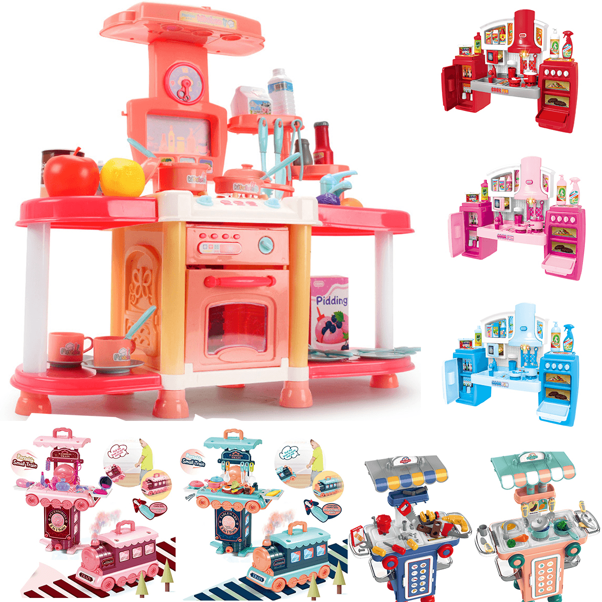 2 in 1 Multi-Style Kitchen Cooking Play and Portable Small Train Learning Set Toys for Kids Gift