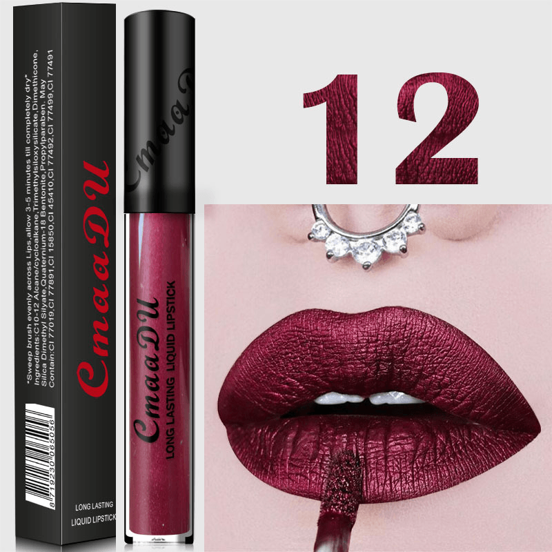 Cmaadu Metal Mate Brillo de labios Maquillaje Lápiz labial Lentejuelas sexy Impermeable Cosmético azul de larga duración