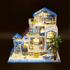 Wooden DIY Beach Villa Doll House Miniature Kit Handmade Assemble Toy with LED Light for Birthday Gift Collection Home Decor