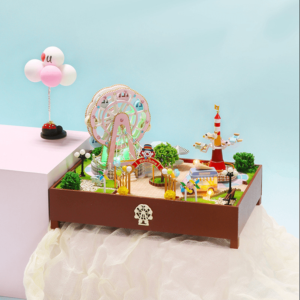 Hongda S2131Z Riesenrad Vergnügungspark DIY 3D handmontiertes Puppenhaus Miniaturmöbel-Set mit LED-Lichtern Musik rotierendes Puzzle-Spielzeug für Geschenksammlung Hausdekoration