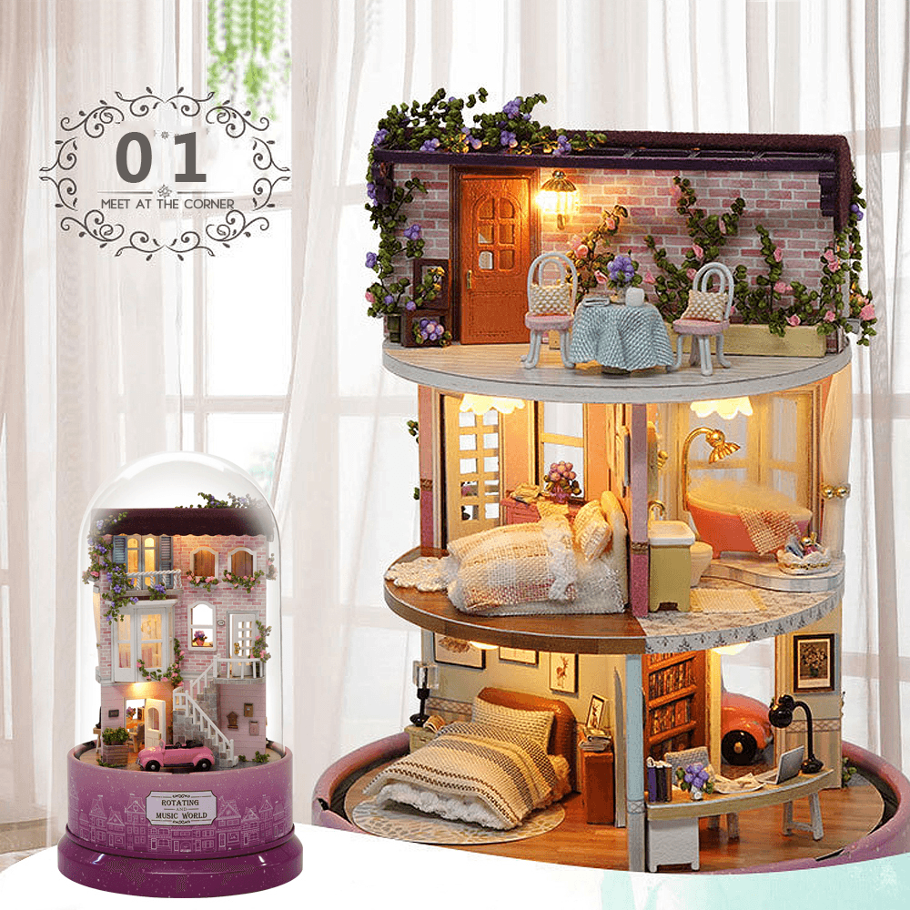 Beautiful Cabins DIY Doll House Miniature Rotating Music Kit with Transparent Cover Musical Core Gift(Meet at the Corner/Snowy Wonderland/Garden Diary/Dream of Sky/Forest Whim)