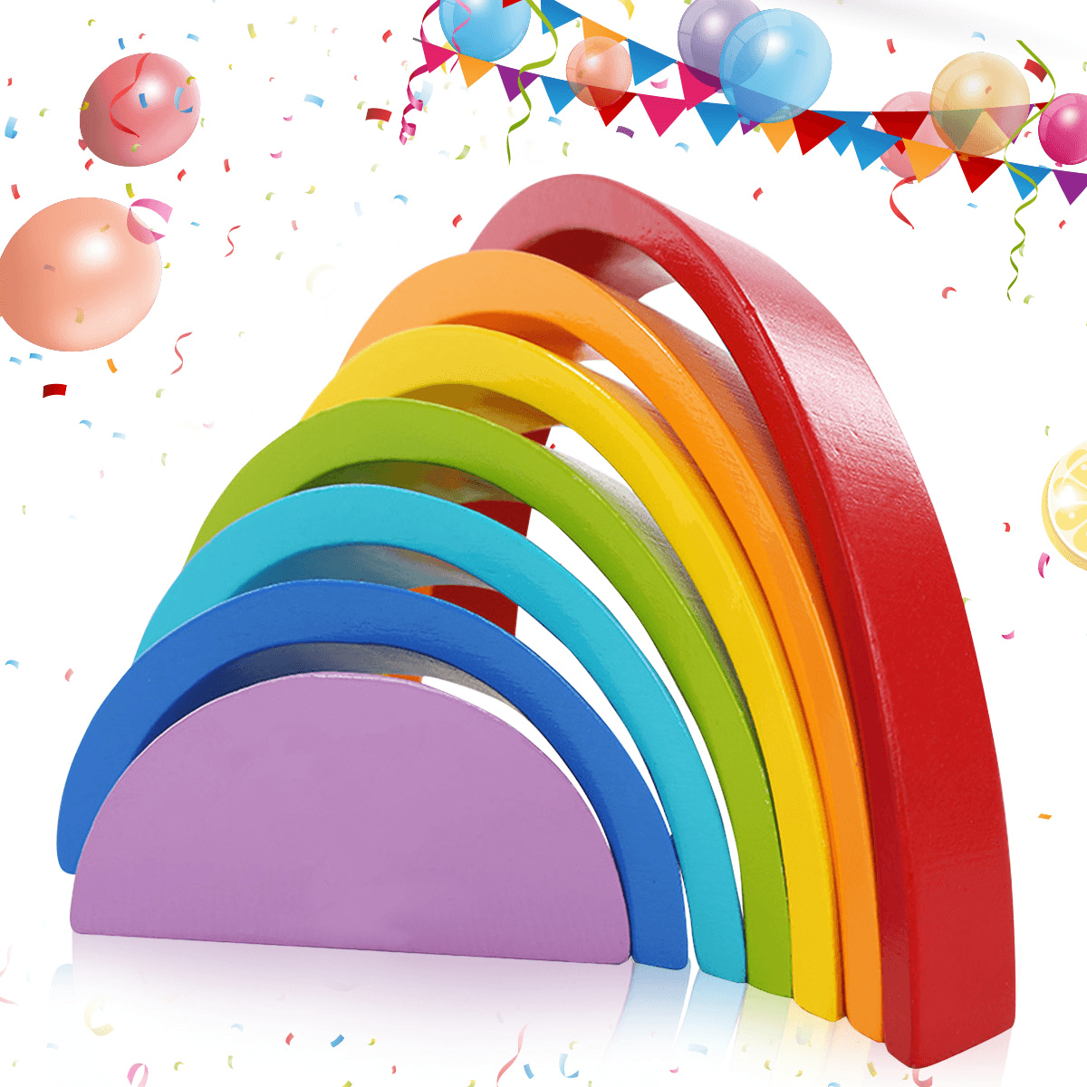 KINGSO Wooden Rainbow Toys 7Pcs Rainbow Stacker Educational Learning Toy Puzzles Colorful Building Blocks for Kids Baby Toddlers