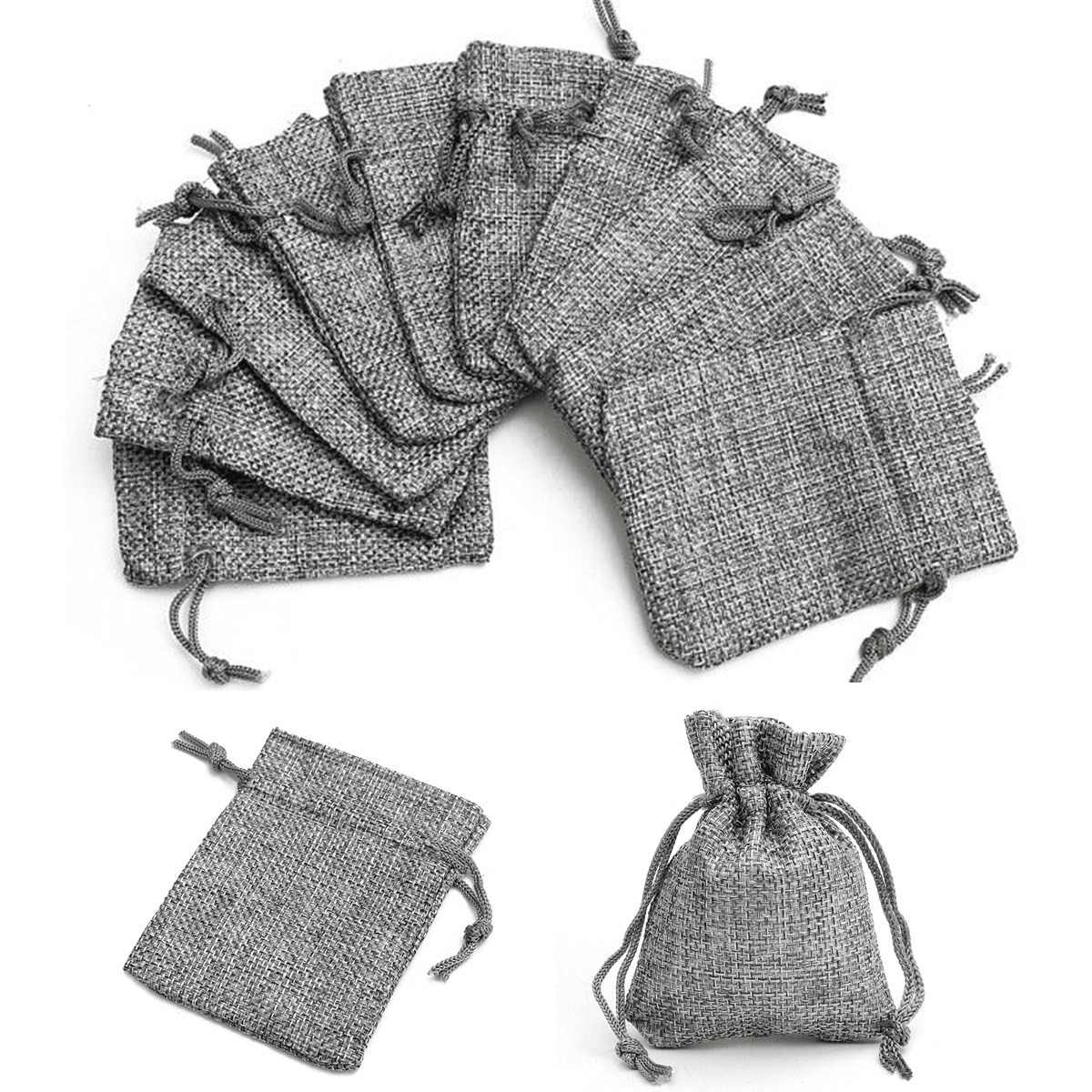 10PCS Grey Burlap Bags Jute Hessian Drawstring Sack Small Wedding Favor Gift