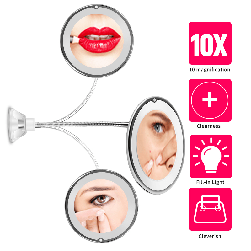 LED Mirror Makeup Mirror 10X Magnifying Vanity Mirror Adjustable 360-Degree Rotating Flexible Sucker Espelho Shaving Mirror