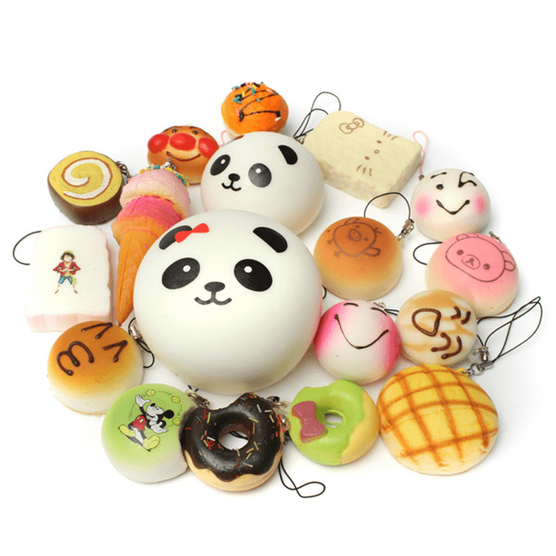 18PCS Squishy Christmas Gift Decor Panda Cup Cake Toasts Buns Donuts Random Soft Cell Phone Straps