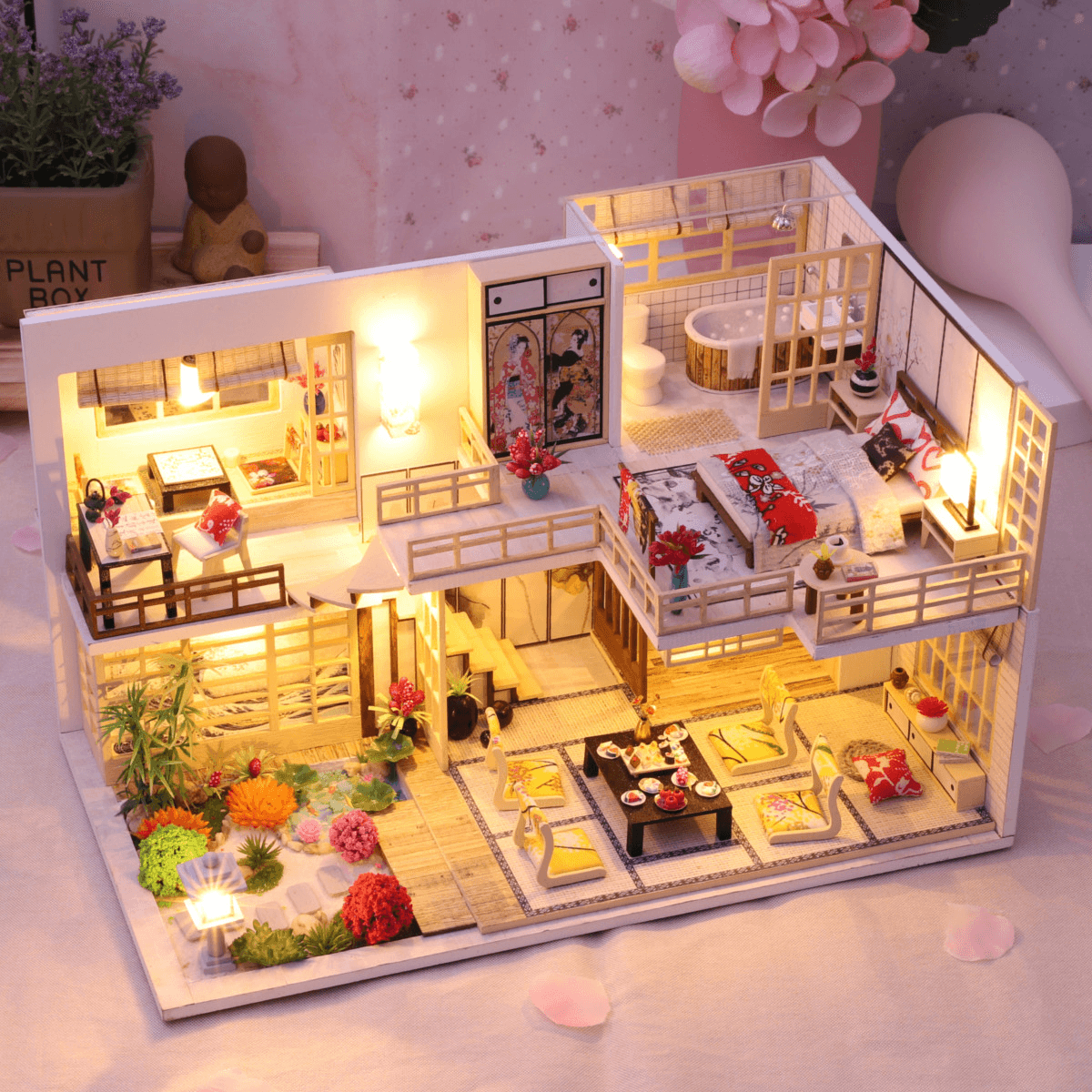 Wooden Crafts DIY Handmade Assembly 3D Doll House Miniature Furniture Kit with LED Light Toy for Kids Birthday Gift Home Decoration