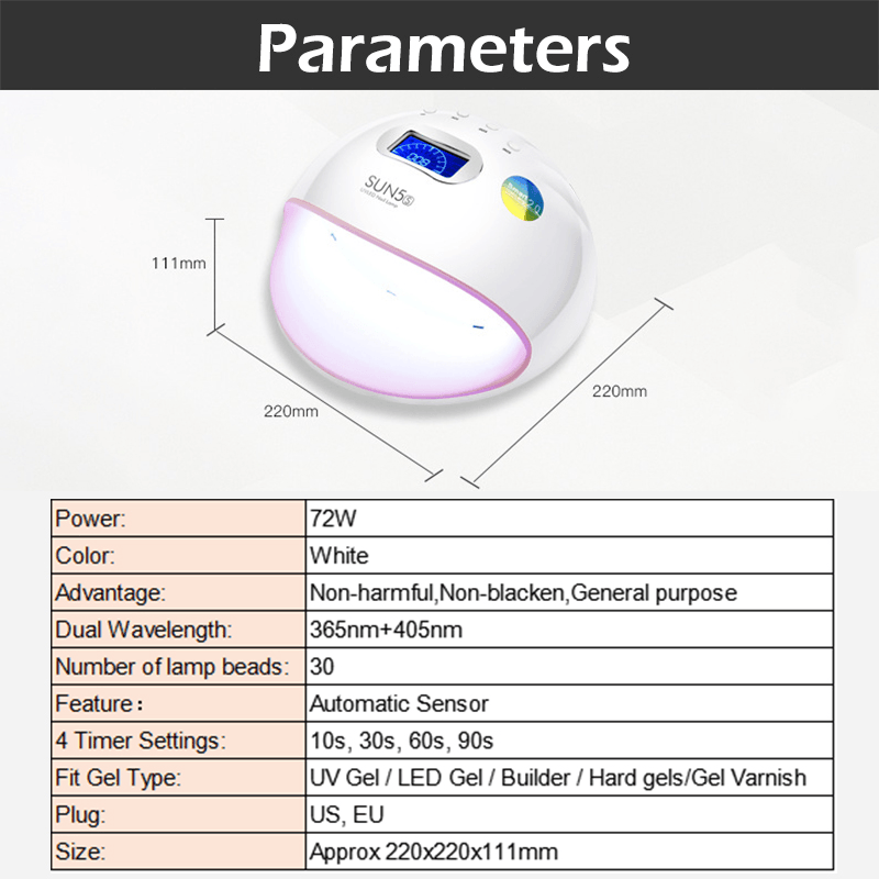 72W UV Lamp Nail Lamp for Manicure Nail Dryer for All Gels Polish with Automatic Sensor Smart Temperature Control Eu Plug