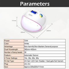 72W UV Lamp Nail Lamp for Manicure Nail Dryer for All Gels Polish with Automatic Sensor Smart Temperature Control Eu Plug