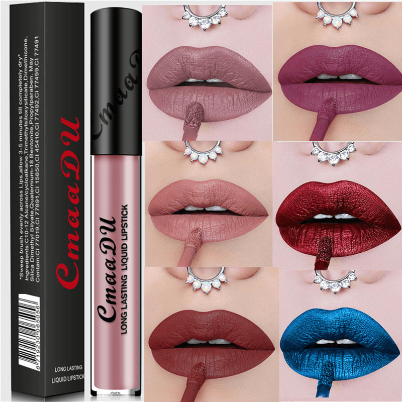 Cmaadu Metal Mate Brillo de labios Maquillaje Lápiz labial Lentejuelas sexy Impermeable Cosmético azul de larga duración