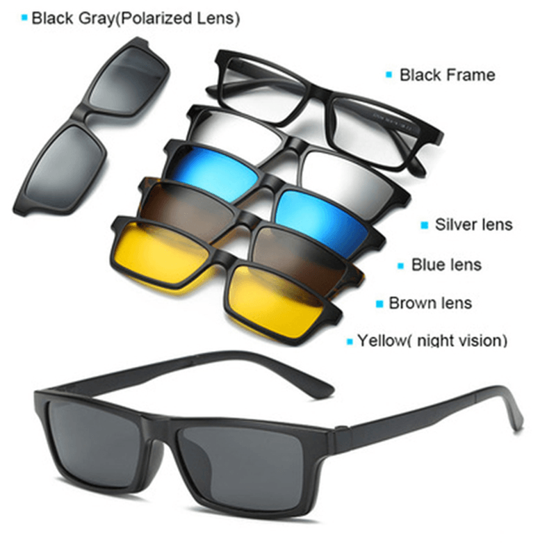 5 in 1 TR-90 Polarized Magnetic Glasses Clip on Magnetic Lens Sunglasses Uv-Proof Night Vision with Leather Bag