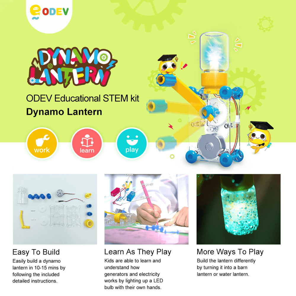 ODEV Dynamo Lantern Educational STEM Building Toy Manual Crank Generator Cranked Power Hand Dynamo