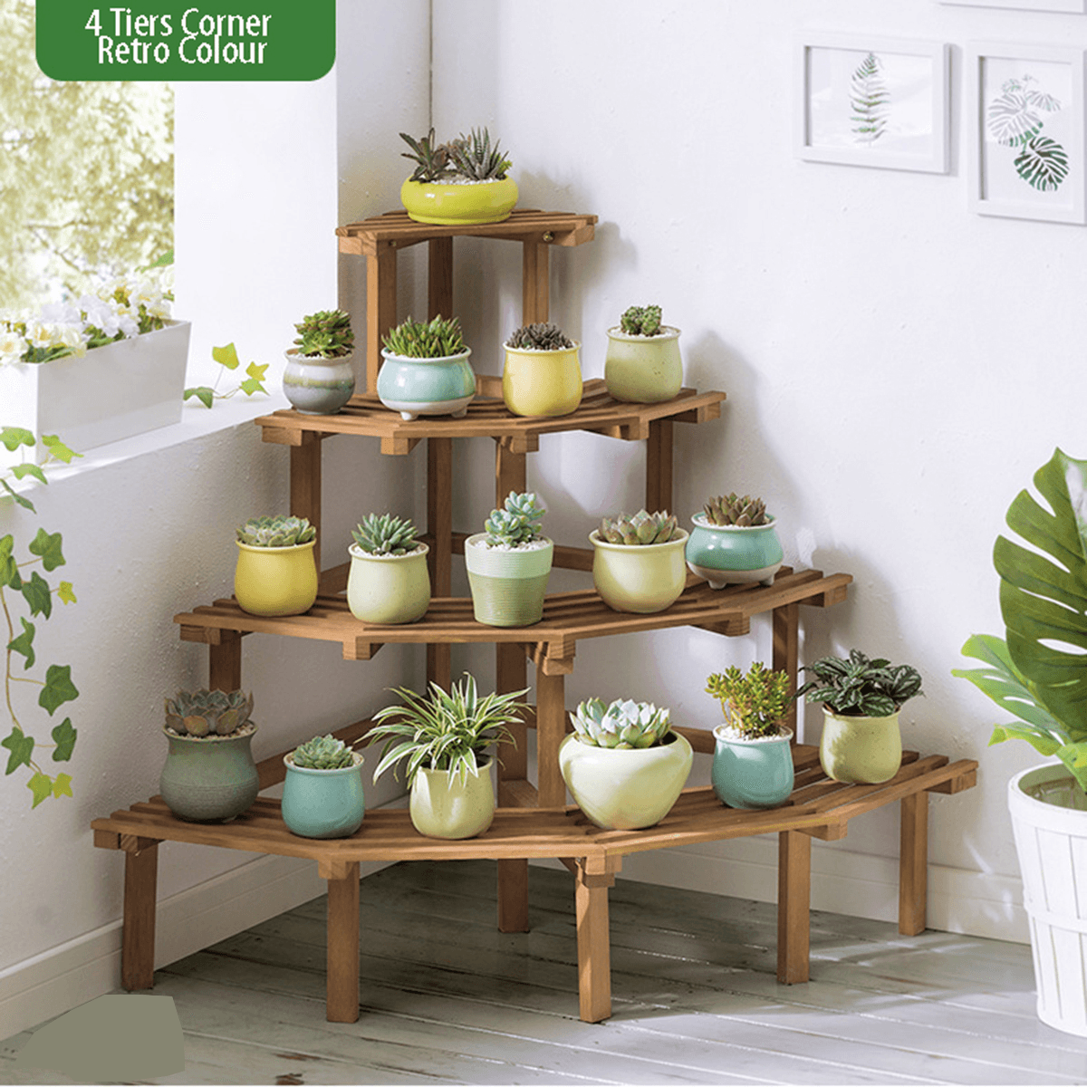 3/4 Tiers Wooden Corner Flower Shelf Indoor Outdoor Plant Stand Pot Rack Garden Office Home Decorations