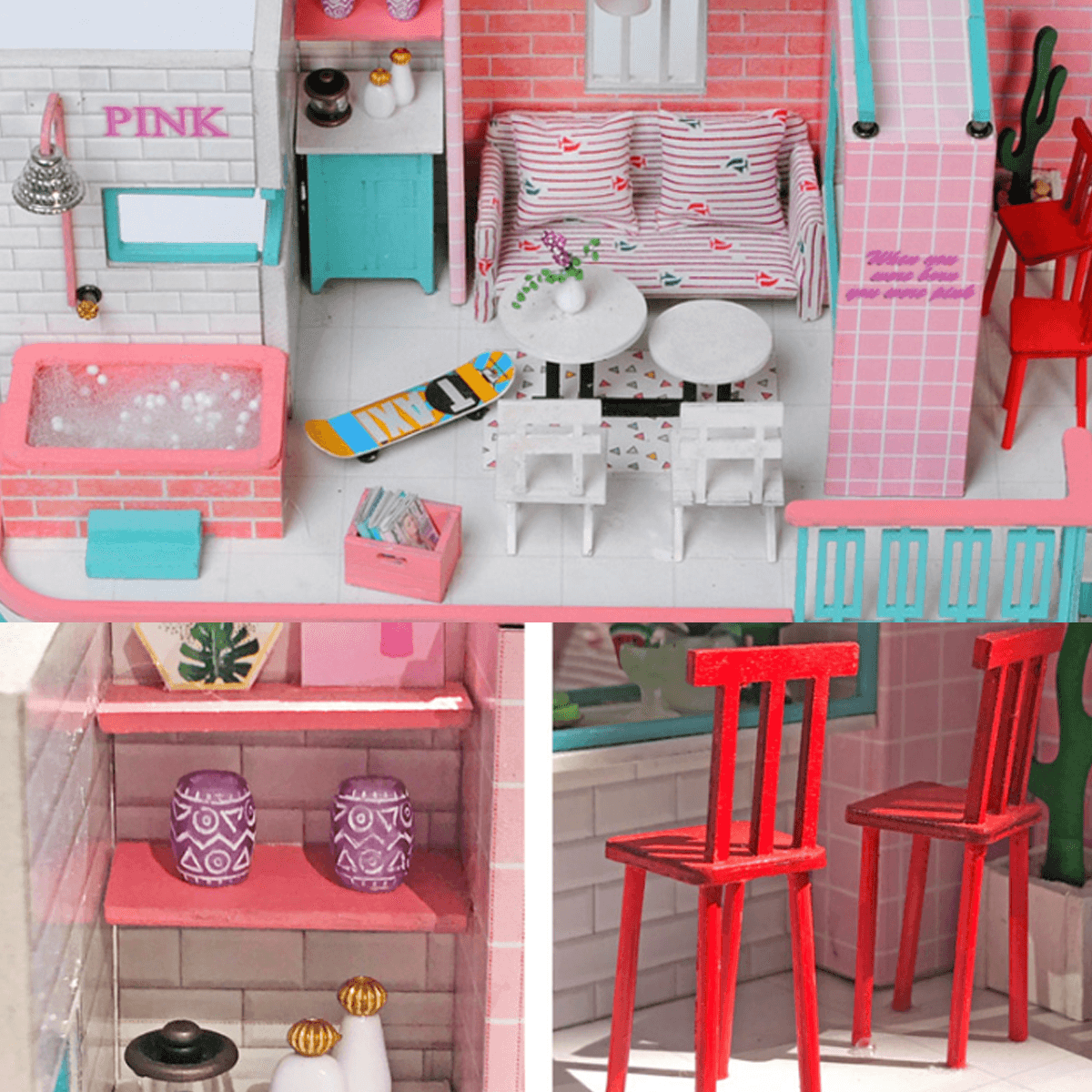 Handmade 3D Wooden Miniatures Doll House Pink Cafe Dollhouse Furniture Diy Miniature Toys for Girls Birthday Gifts