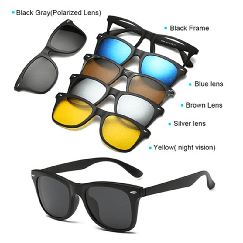 5 in 1 TR-90 Polarized Magnetic Glasses Clip on Magnetic Lens Sunglasses Uv-Proof Night Vision with Leather Bag