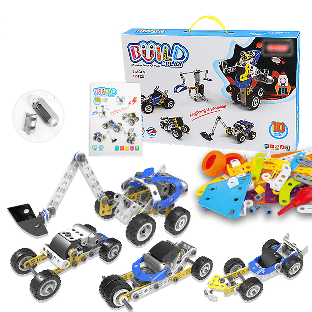 113 Pcs 10 in 1 DIY Handmade Assembly Electric Motor Soft Rubber Building Blocks Car Model Toy for Kids Gift