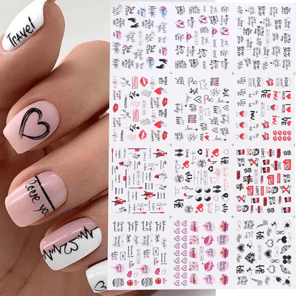 12 Pcs Nail Art Stickers Love Letter Flower Sliders Nail Art Decoration Valentine'S Day Transfer Stickers