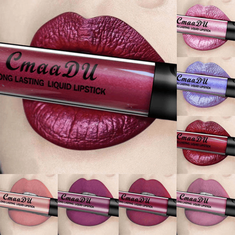 Cmaadu Metal Mate Brillo de labios Maquillaje Lápiz labial Lentejuelas sexy Impermeable Cosmético azul de larga duración