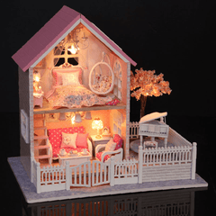 Cuteroom 1/24 DIY Wooden Dollhouse Pink Cherry Handmade Decorations Model with LED Light&Music Birthday