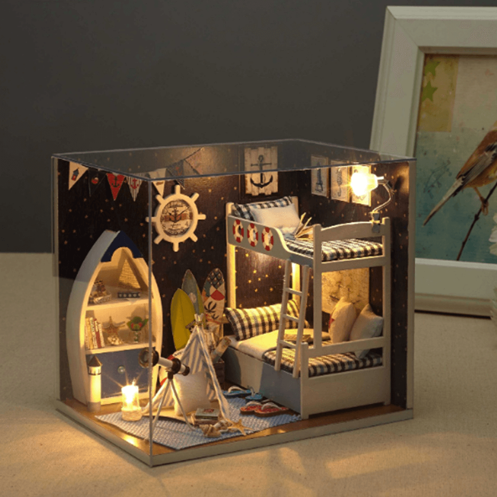 Kreatives Zimmer, DIY, handgefertigter Zusammenbau, Puppenhaus, Miniatur-Möbel-Set mit LED-Licht, staubdichter Abdeckung, Spielzeug für Kinder, Geburtstagsgeschenk, Heimdekoration-Kollektion