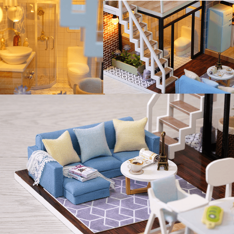 Cuteroom L-023 Blue Time DIY House con muebles Music Light Cover Miniatura Modelo Regalo Decoración