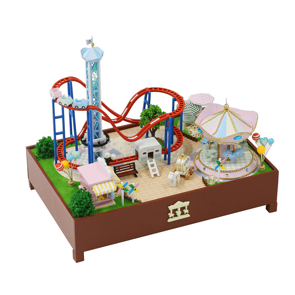 Hongda S2132Z Playground Carousel Roller Coasters 3D Hand-Assembled Doll House Miniature Furniture Kit with LED Lights Music Rotating Puzzle Toy for Gift Collection House Decoration