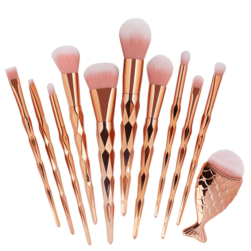 11PCS Mermaid Makeup Brushes Set Fishtail Shaped Foundation Powder Cosmetics Brushes Make up Tools