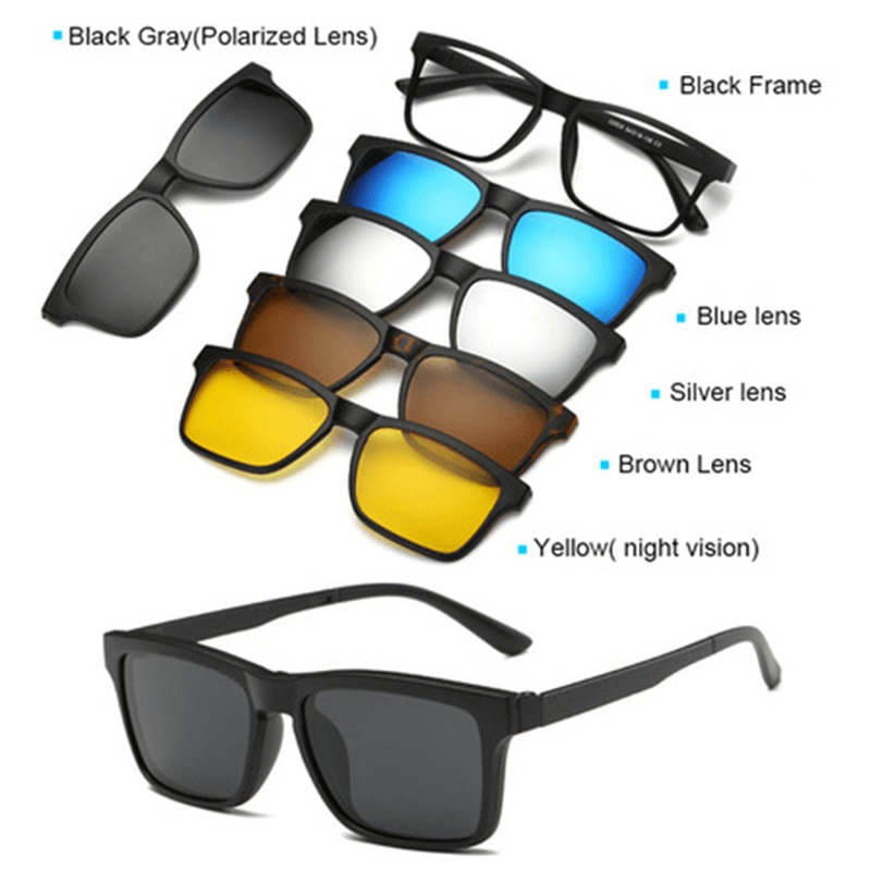 5 in 1 TR-90 Polarized Magnetic Glasses Clip on Magnetic Lens Sunglasses Uv-Proof Night Vision with Leather Bag