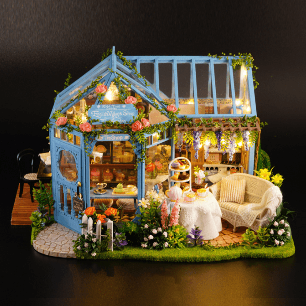 Niedliches Zimmer, Rosengarten, Teehaus, DIY, handgefertigter Puppenhaus-Bausatz, Miniatur-Möbel-Set mit Musik und LED-Effekt, Spielzeug für Kinder, Geburtstag, Weihnachten, Geschenk, Hausdekoration