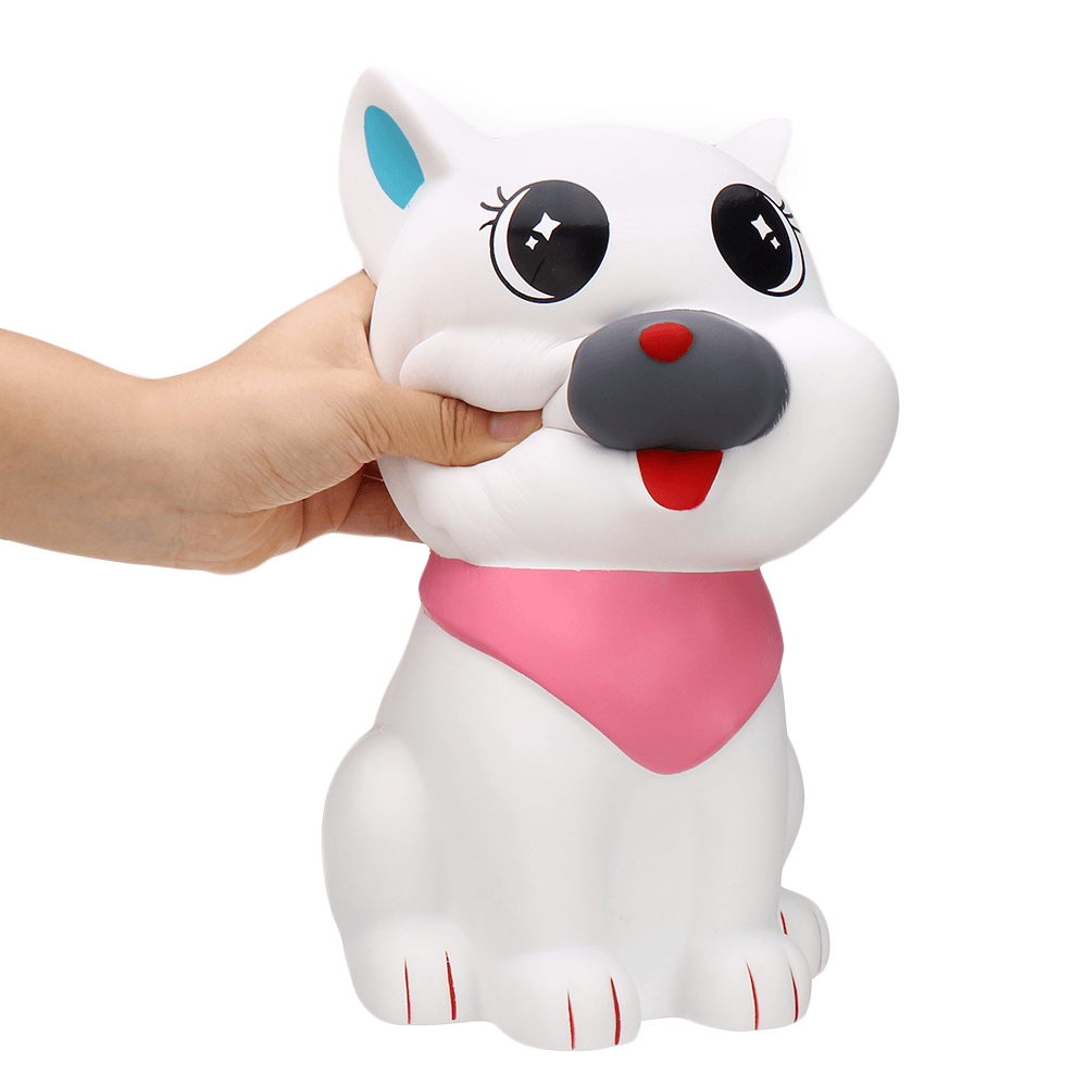 Giocattolo di simulazione di decompressione a rimbalzo lento squishy per cani con sciarpa bianca gigante da 29 cm con confezione in borsa