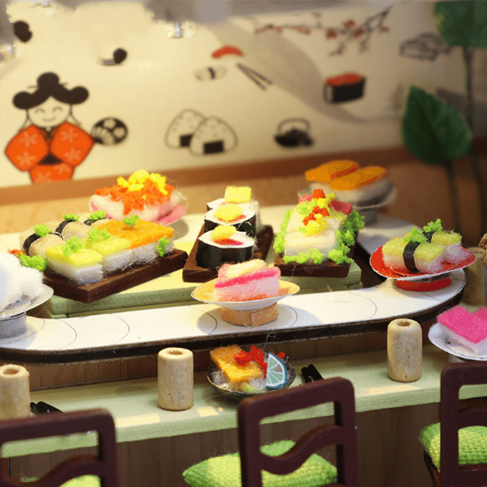 Homeda M2011 Sushi-Restaurant im japanischen Stil, DIY-Puppenhaus, Montagekabine, kreatives Spielzeug mit Staubschutz, Spielzeug für den Innenbereich