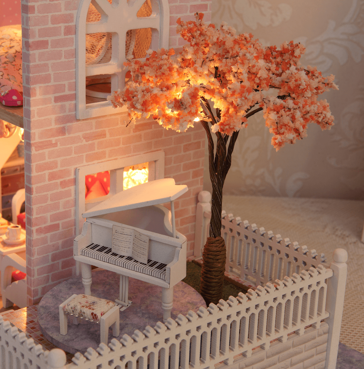 Cuteroom 1/24 DIY Wooden Dollhouse Pink Cherry Handmade Decorations Model with LED Light&Music Birthday